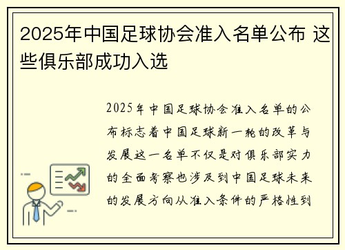 2025年中国足球协会准入名单公布 这些俱乐部成功入选